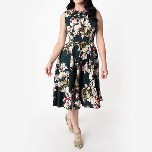 Unique Vintage Floral Midi Dress - Green and White